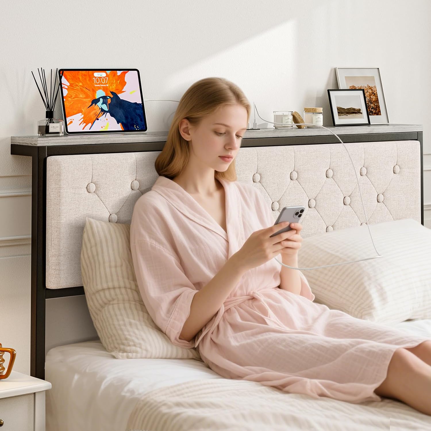 IKIFLY Headboard Queen Size with Storage and Charging Station, Upholstered Queen Storage Headboard Only with Bed Frame Brackets Adapter, Button Tufted Design, Easy Assembly, Beige