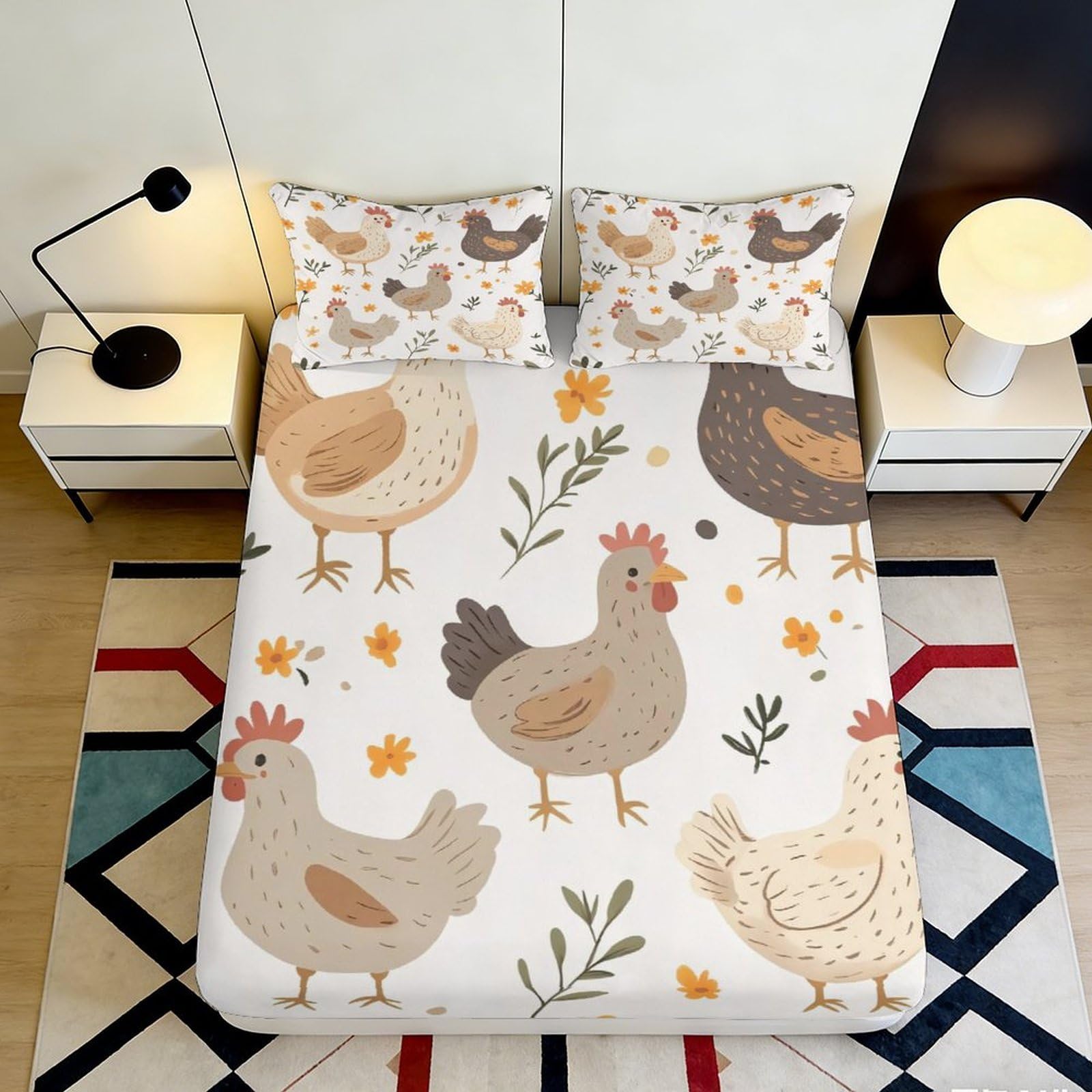 3D Printed Farm Chicken Fitted Sheet Microfiber Deep Pocket Non-Slip Bedroom Bedding Farm Chicken Mattress Fitted Cover Washable Home 180x200x25cm