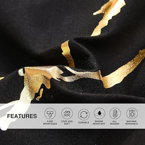 Miniatura 6 de Holawakaka - Juego de edredón con diseño de mármol metálico dorado, con líneas, brillantina y de tamaño matrimonial, color negrodorado, tamaño