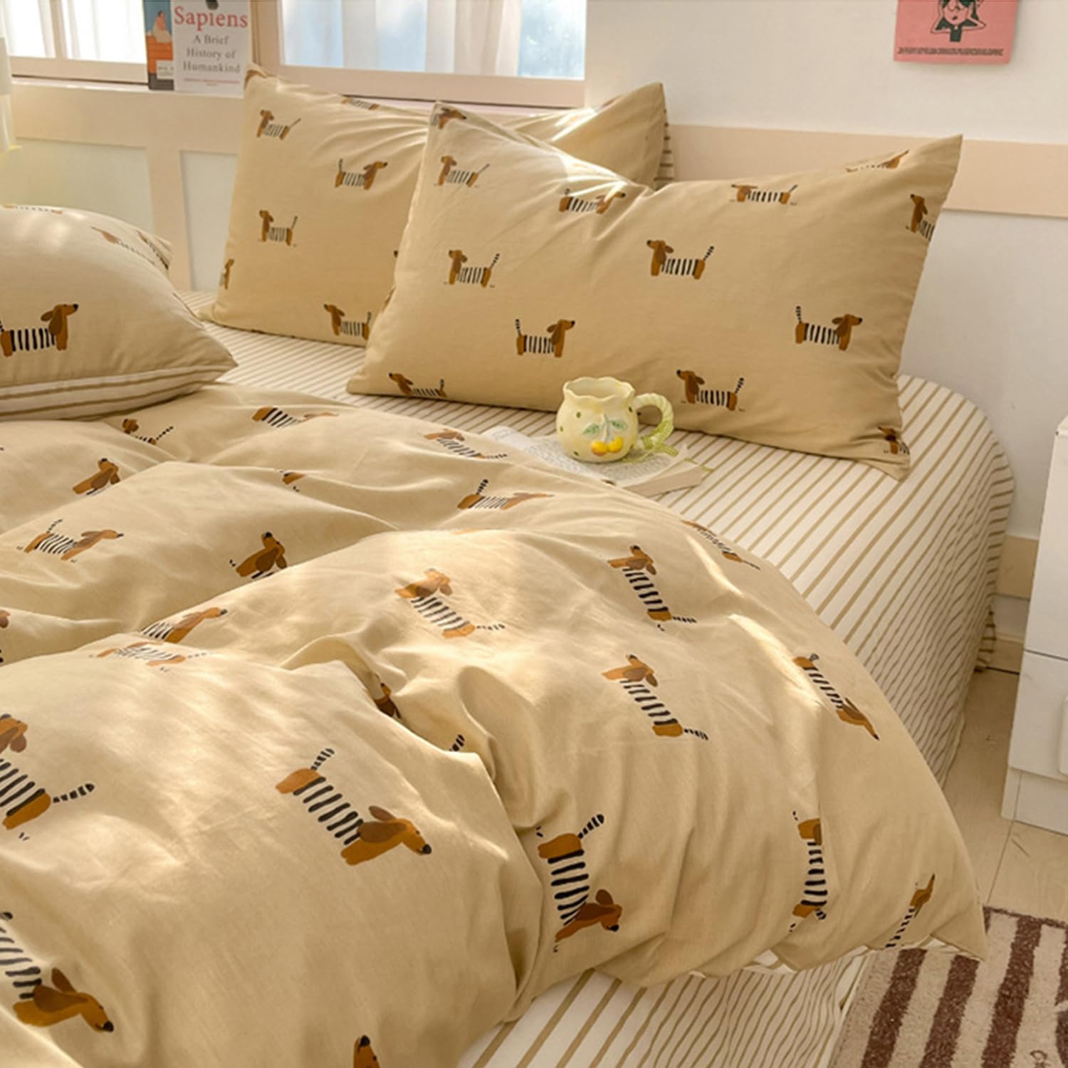 Tospass Dackel Bettwäsche 135x200cm 4teilig Khaki Gestreift Dachshund Wendebettwäsche aus Microfaser Kinder Streifen ÖKO-TEX Bettwäsche Set 2 Bettbezug mit Reißverschluss und 2 Kissenbezug 80x80cm