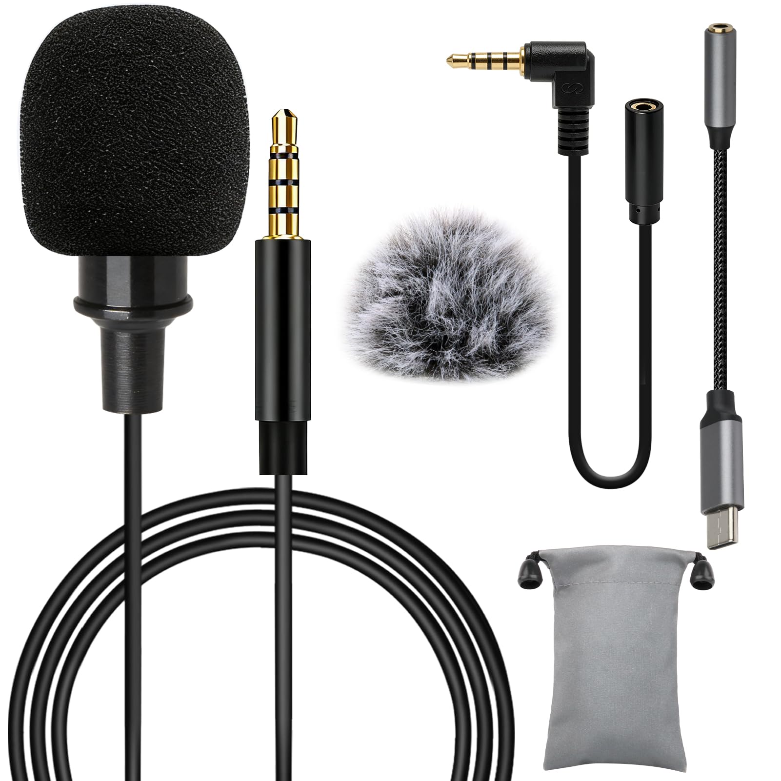Micrófono de Solapa Omnidireccional lavalier Micrófono con 2M Cable Parabrisas Type-C Adaptadores, 3.5mm Audio Cables para Grabación Entrevista Videoconferencia Podcast Dicción de Voz Phone