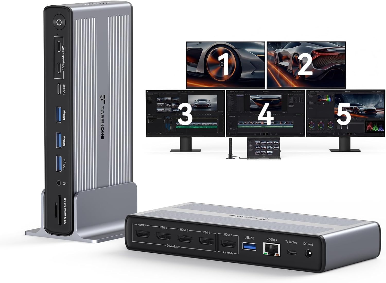 TobenONE Docking Station 5 Monitors, Cooling Fan, 8K+Quad 4K@120Hz Display | Single 8K, 45W Fast Charging, 2.5GbE, SD/MicroSD4.0, DisplayLink Dock for Thunderbolt MacBook Windows, Driver Required DL7400