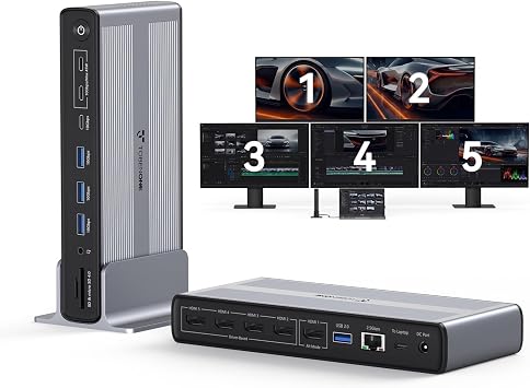 TobenONE Docking Station 5 Monitors with Cooling Fan, 18-in-1 DisplayLink Dock 8K+Quad 4K@120Hz Display with 5 HDMI, 45W Fast Charging, 2.5GbE for Thunderbolt MacBook/Windows, Driver Required DL7400