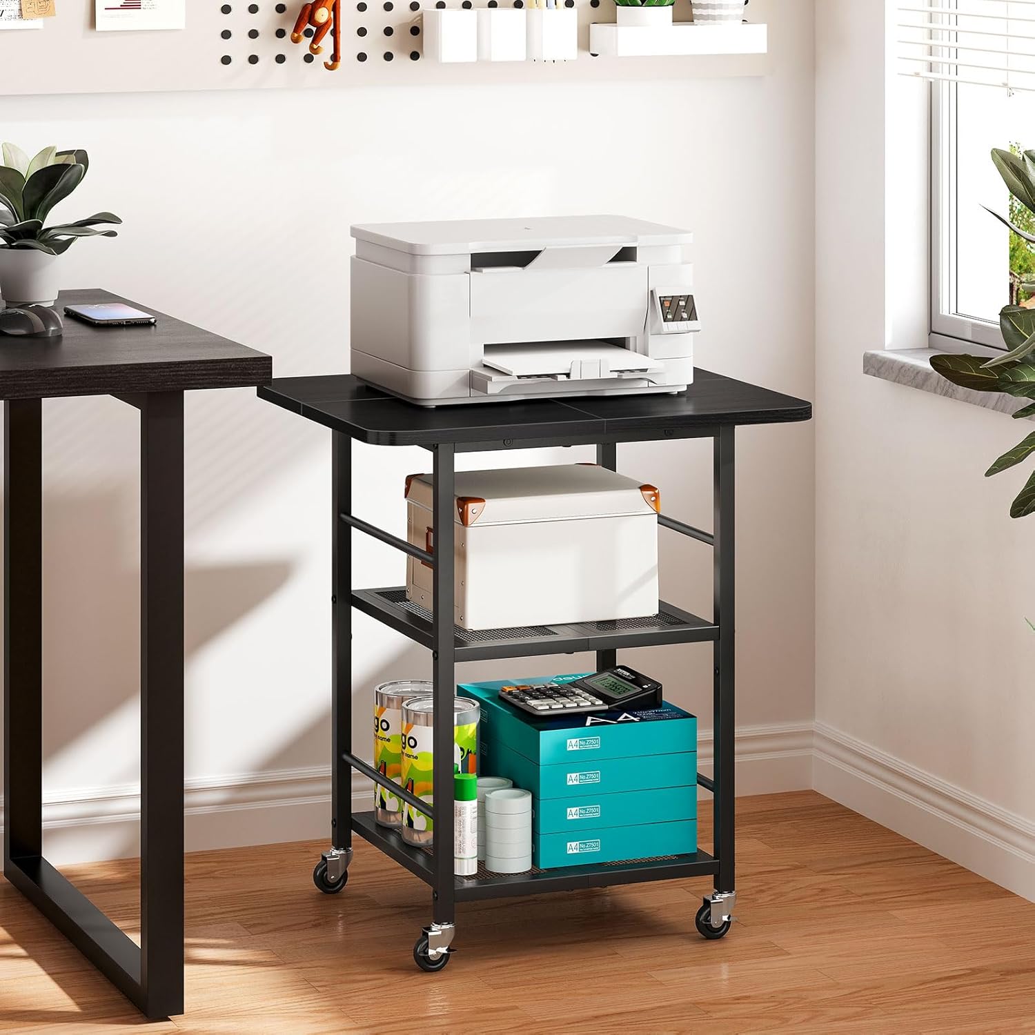 Snughome 3-Tier Printer Stand, 19.7" D×23.6" W×26.5" H Extra Large Printer Table with Storage Shelves, Rolling Cart with Lockable Wheels for Home Office, Black