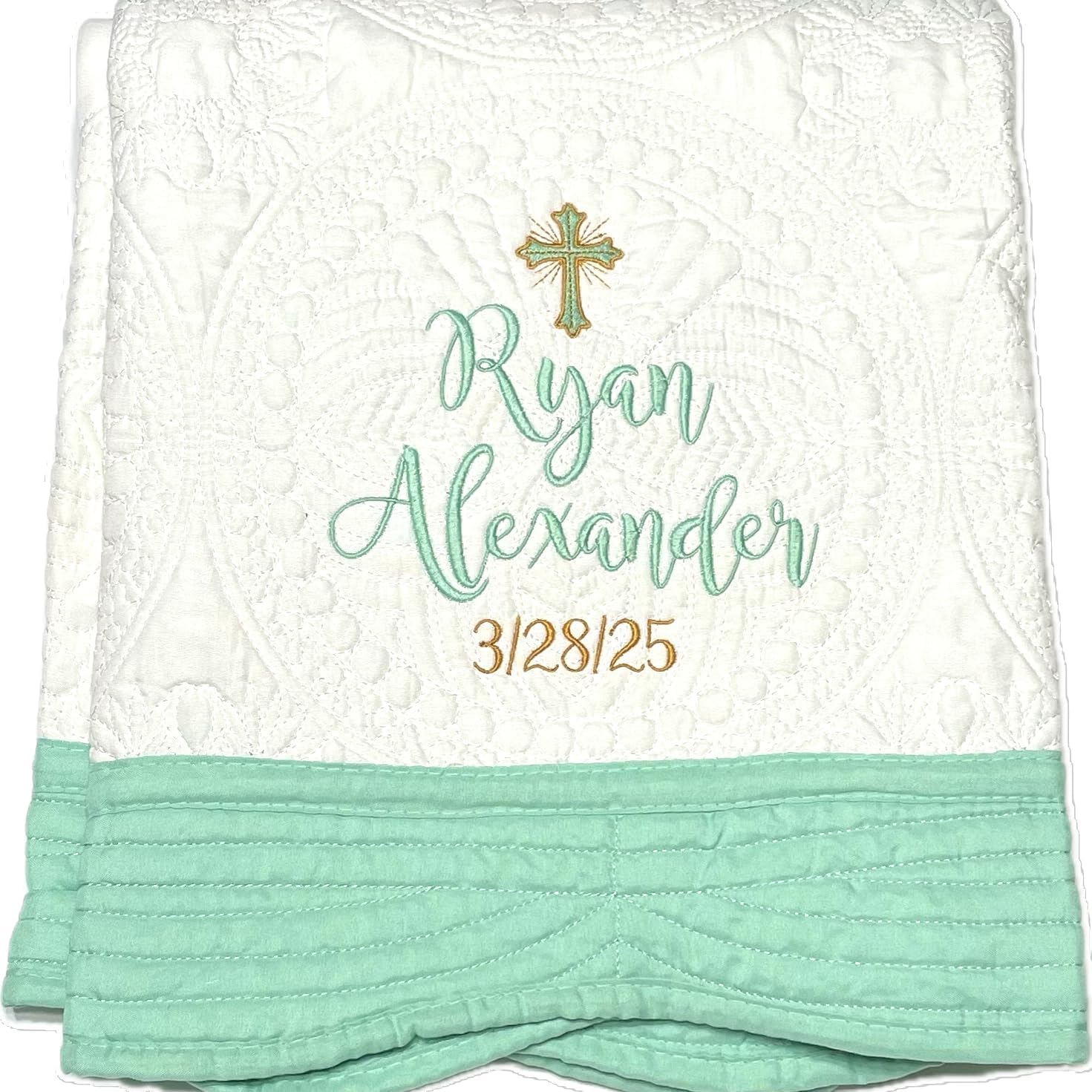 Personalized Baby Heirloom Quilt Blankets - Custom Embroidered with Child's Name, a Beautiful Cross, & Date. 6 Border Options. Baptism, Birthday, Easter, Newborn
