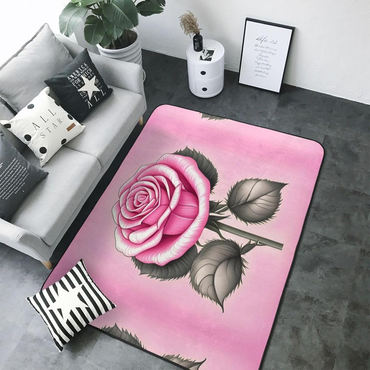Beautiful Pink Roses Printed Floor mat 80x58 inches, Non-Slip Decorative Carpet for Bedroom and Living Room