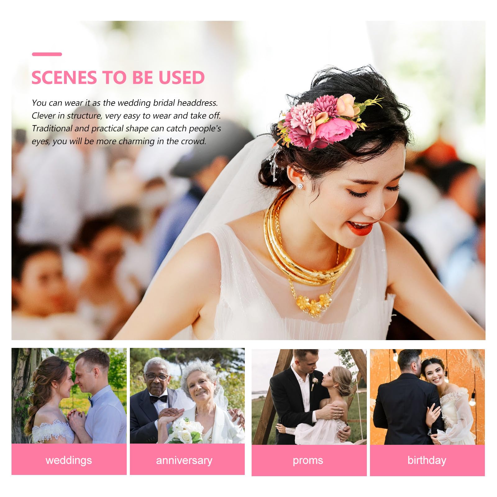 LABRIMP Peineta de Tela Flores Rosa Fucsia, Tocado Floral para Novia y Vacaciones Playa, Diseño Romántico Compacto y Liviano, Accesorio para Boda y Fiestas Obsequios