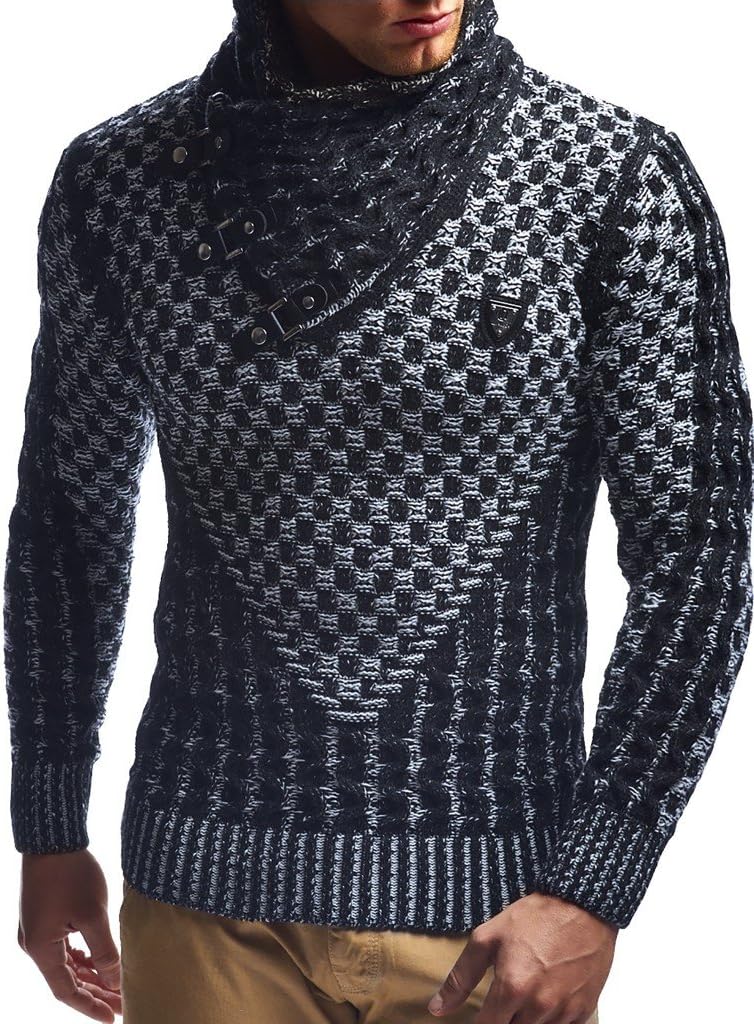 Leif NelsonMen’s Knitted Pullover | Long-Sleeved Slim fit Shirt | Basic Sweatshirt with Shawl Collar and Faux Leather