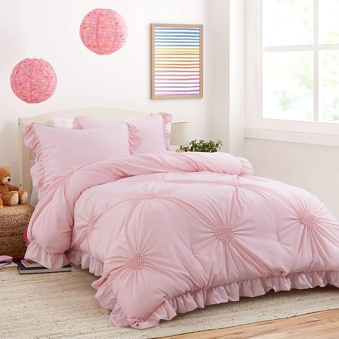 HOMBYS Pink Bedding Comforter Set for Girls, 3 Piece Blush