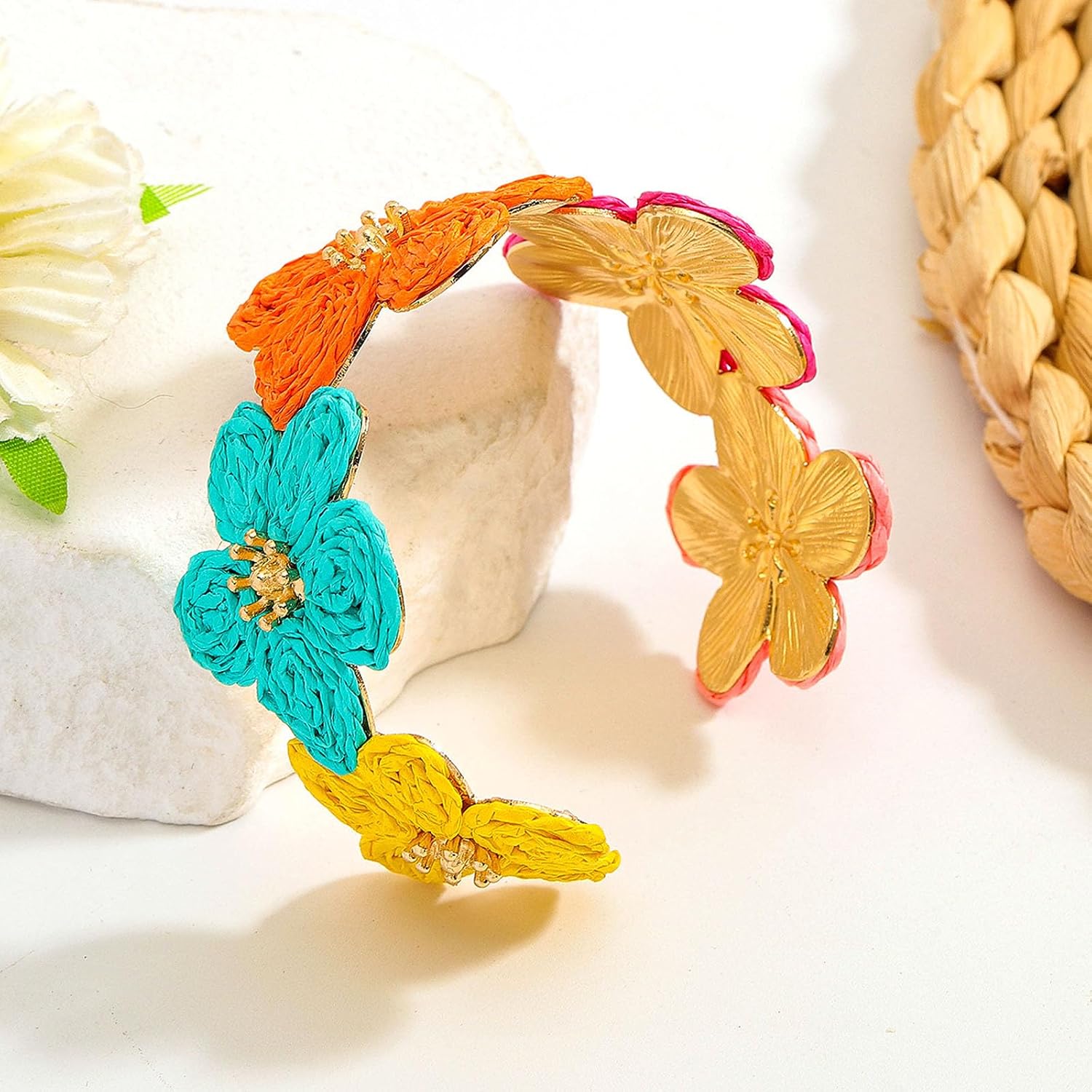 Long tiantian Boho Bracelets for Women Colorful Flower Cuff Raffia Rattan Bracelet Handmade Summer Beach Jewelry Outfits Dresses Accessories