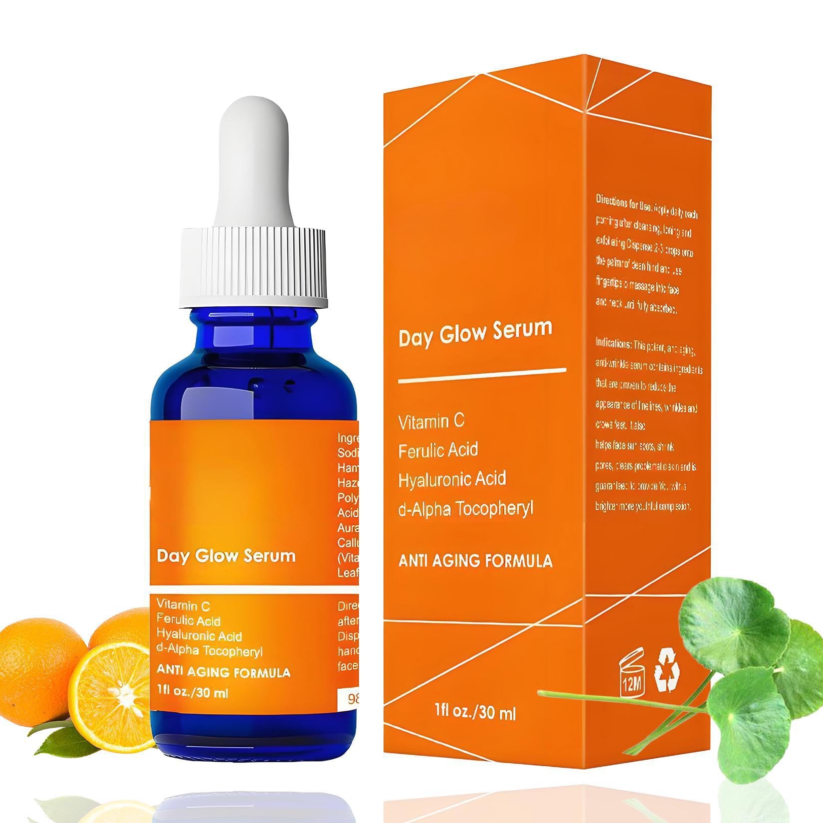 Day Glow Serum with Hyaluronic Acid, Ferulic Acid and Vitamin C, Formula for Brightening Skin Reducing Dark Spots