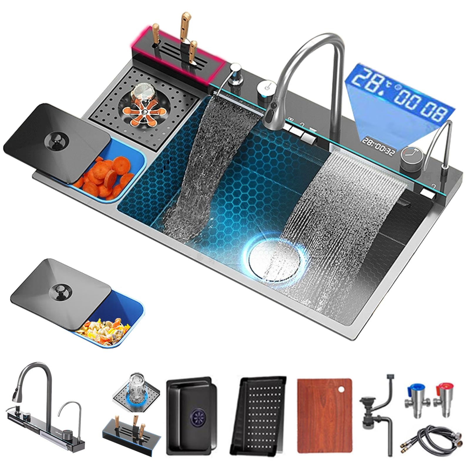 Évier de cuisine à double cascade Whale 82x48 cm gris canon avec écran LED et lave-gobelet