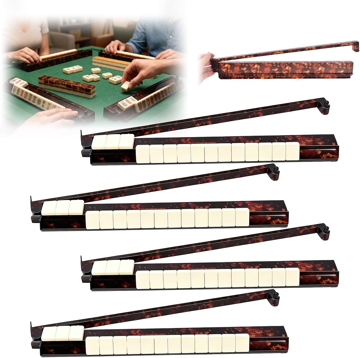 Tortoise Mahjong Racks,Mahjong Racks with Pushers Set of 4, Durable Mahjong Tile Racks with Integrated Push Arms Holds Tiles,Portable Mahjong Rack Holder for Travel and Family Activities,Black & Red