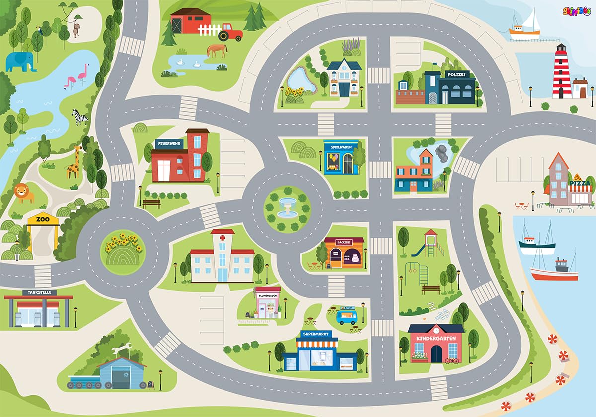 SkippiDoo Straßenteppich Cute City – Kinderteppich mit Antirutsch-Rückseite, Spielteppich in Hellen Farben für Kinderzimmer, Geschenkidee für Jungen & Mädchen (200 x 140 cm)