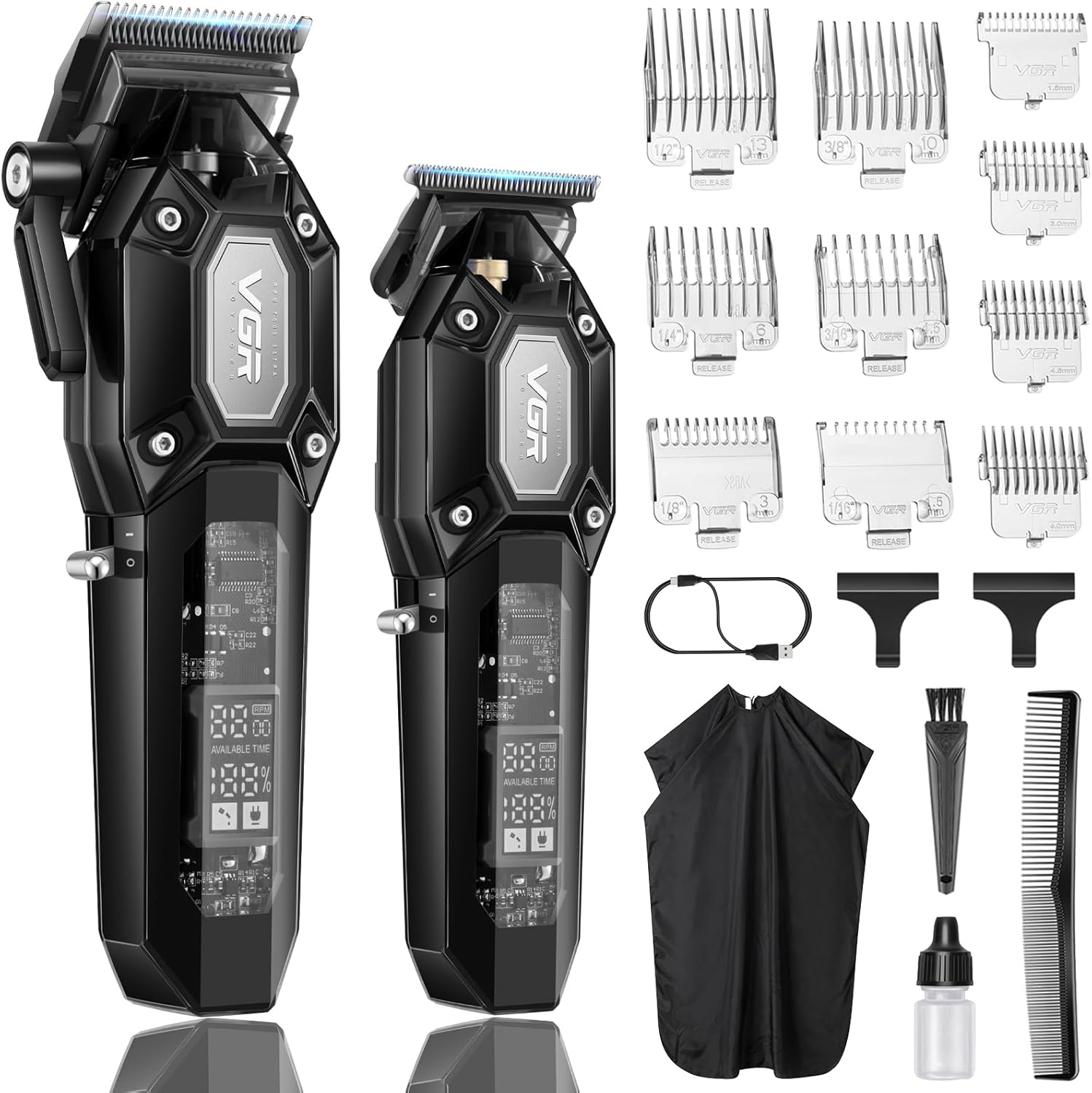 VGR Professional Hair Clippers for Men, Cordless Barber Clippers and Trimmers Set, Mens Hair Cutting Kit with 10 Guide Combs, USB Rechargeable Haircut Machine for Family, LED Display, Black