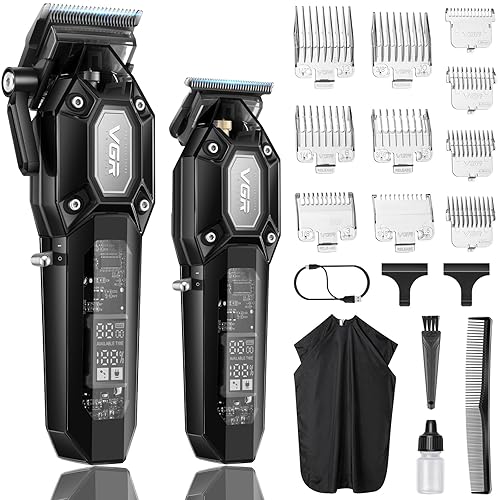 VGR Professional Hair Clippers for Men, Cordless Barber Clippers and Trimmers Set, Mens Hair Cutting Kit with 10 Guide Combs, USB Rechargeable Haircut Machine for Family, LED Display, Black