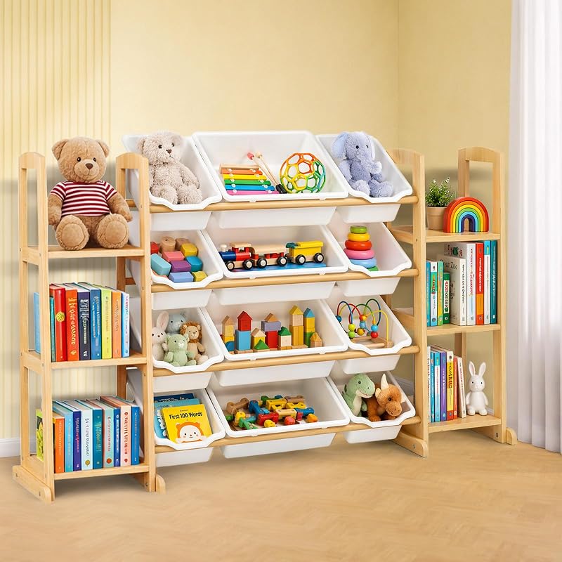 Organizador de almacenamiento de juguetes con estantería – Organizador de juguetes de madera con 12 contenedores de juguetes y estantería de 6 niveles, estantería para niños de montaje rápido, contenedor de juguetes para sala de juegos, dormitorio, guardería – Blanco