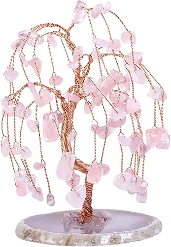 Miniatura 2 de SUNYIK Juego de árbol de dinero de cristal de cuarzo rosa hecho a mano sobre base de rodajas de ágata natural, árbol de la vida, cristales curativos
