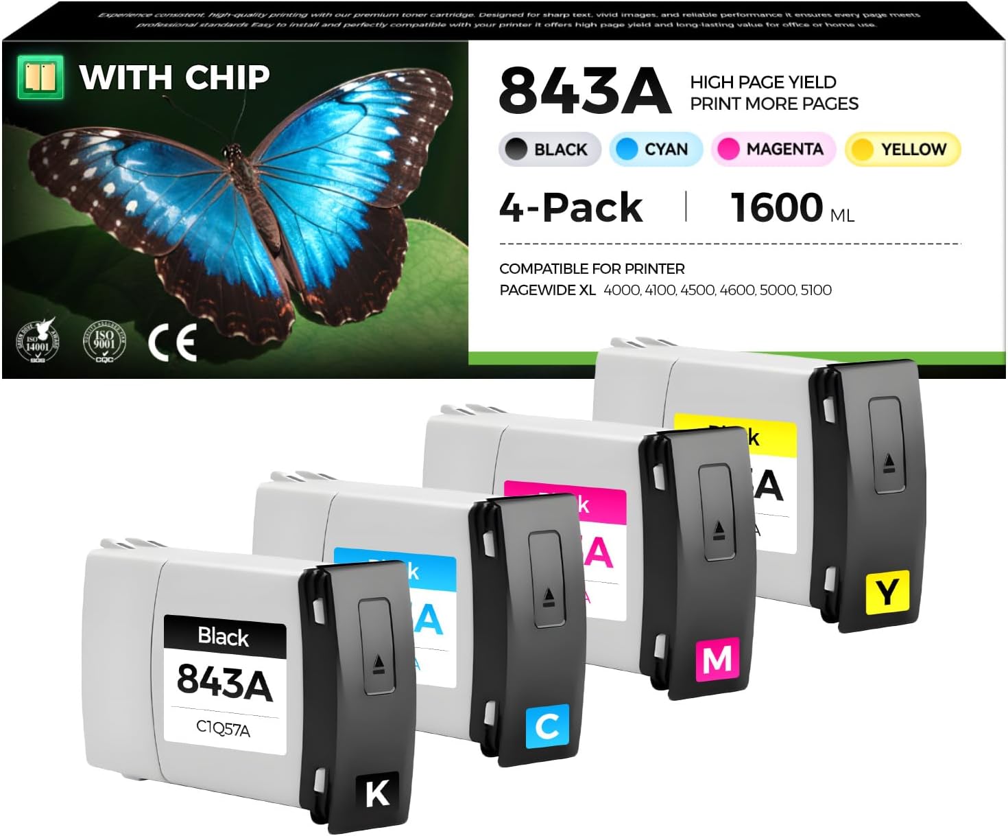 843A Ink Cartridge 400ml Set 4-Pack with Chip Replacement for HP 843A Ink C1Q57A C1Q58A C1Q59A C1Q60A for PageWide XL 4000 4100 4500 4600 5000 5100 Wide Format Printers (Black, Yellow, Magenta, Cyan)