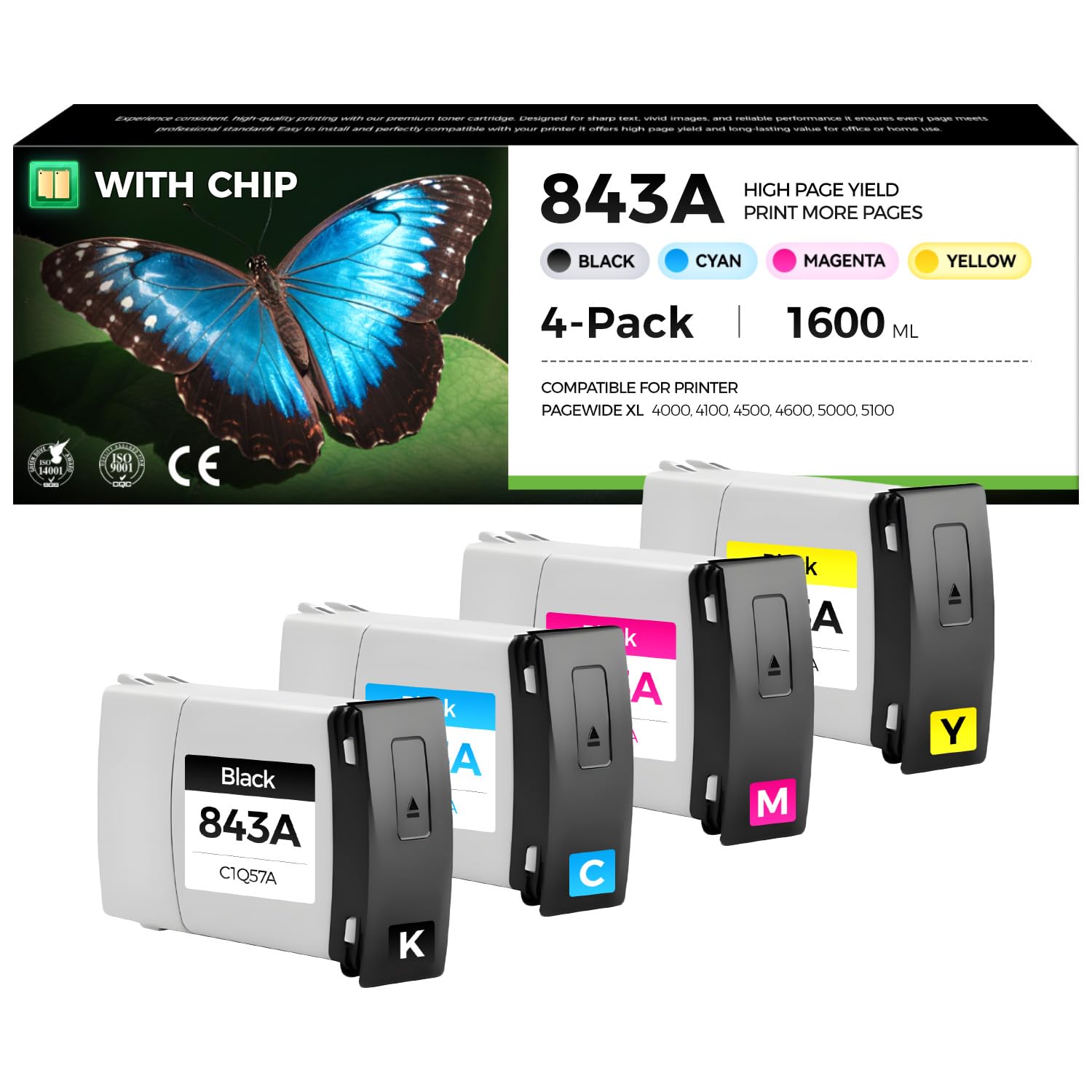 843A Ink Cartridge 400ml Set 4-Pack with Chip Replacement for HP 843A Ink C1Q57A C1Q58A C1Q59A C1Q60A for PageWide XL 4000 4100 4500 4600 5000 5100 Wide Format Printers (Black, Yellow, Magenta, Cyan)