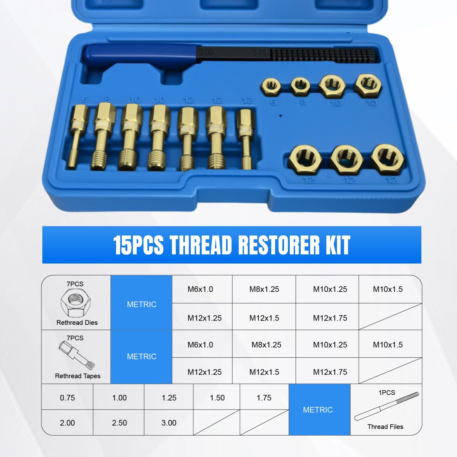 Nilight 15PCS Metric Thread Chaser Set Master Thread Repair Kit with Case 7 Taps 7 Dies 1 Threads File Universal M6 M8 M10 M12 Sizes Automotive Tool for Mechanics Auto Shops Home Garage Mobile Repair