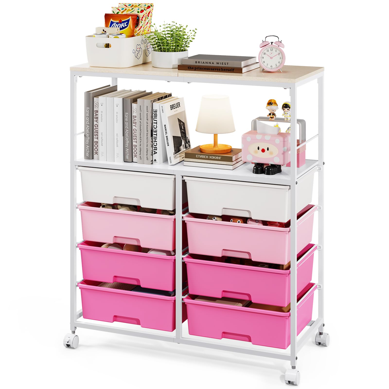 SYKIARIOL Carrello a rotelle con 8 cassetti, multiuso in metallo, per ufficio, cucina, bagno, soggiorno, ruote bloccabili, rosa