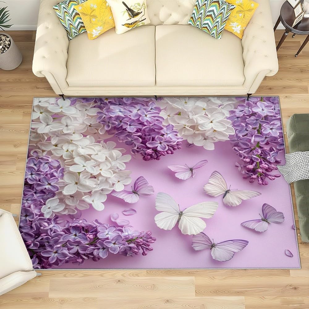 Generico 3D Tappeto Salotto Pelo Corto 120x180 cm, Farfalla Lilla Bianca Tappeto Camera Per Bambini Antiscivolo Lavabile, Viola Tappeti Decorazione per Corridoio, Soggiorno, Sala