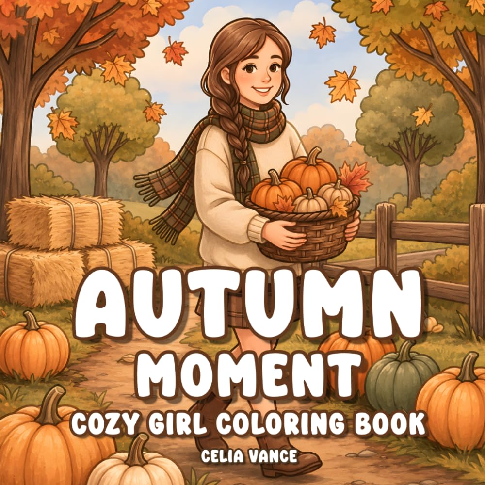 Autumn Moment Cozy Girl Coloring Book: Bold and Easy Fall Activities Featuring Cute Fashion, Cafes, Pumpkin Markets, Harvest Walks and Relaxing Scenes for Adults and Teens (Aria's Cozy World)