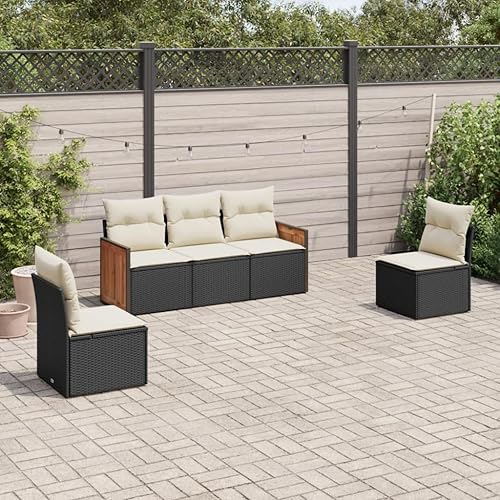 5 Piece Garden Sofa Set in Black and Cream White, Modern Outdoor Furniture with Modular Design, Weather-Resistant Poly Rattan and Steel Frame,