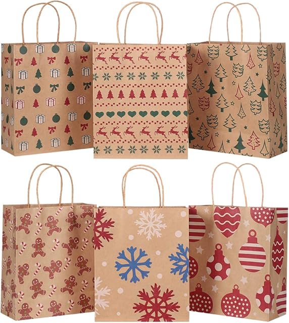 Cabilock 24pcs Christmas Kraft Paper Bags 6 Patterns Xmas Gift Bags Paper Storage Pouch Christmas Goody Bags for Banquet Festival Holiday