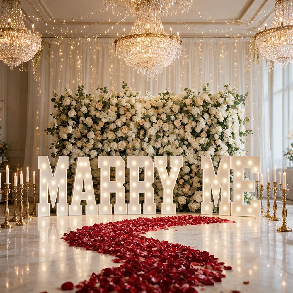 Romantische Leuchtbuchstaben Marry Me beleuchtet for Heiratsantrag | KT-Schaumplatte Vorgecutt, Leichter Aufbau, Kabellos, Leicht, Mehrfach Verwendbar, Valentinstag & Hochzeit(Cool white,70cm)