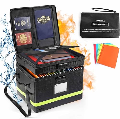 Miniatura 1 de OUMODA Caja de documentos ignífuga de 2 capas con cerradura con 1 pequeña bolsa de dinero 10 carpetas tamaño carta caja organizadora portátil