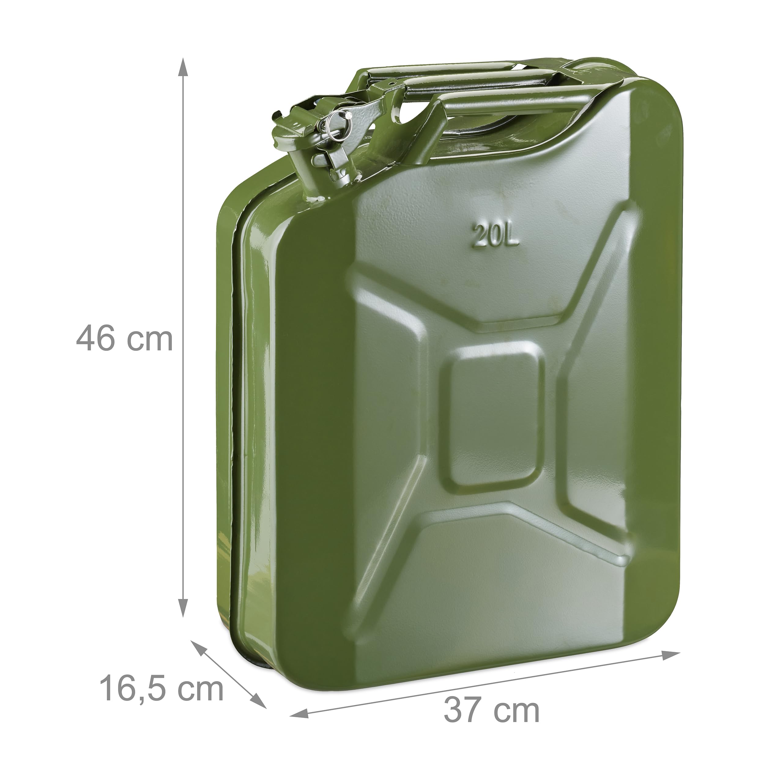 Relaxdays Benzinkanister 20 Liter, Reservekanister Benzin & Diesel, auslaufsicher, Tragegriff, Kanister Metall, olivgrün