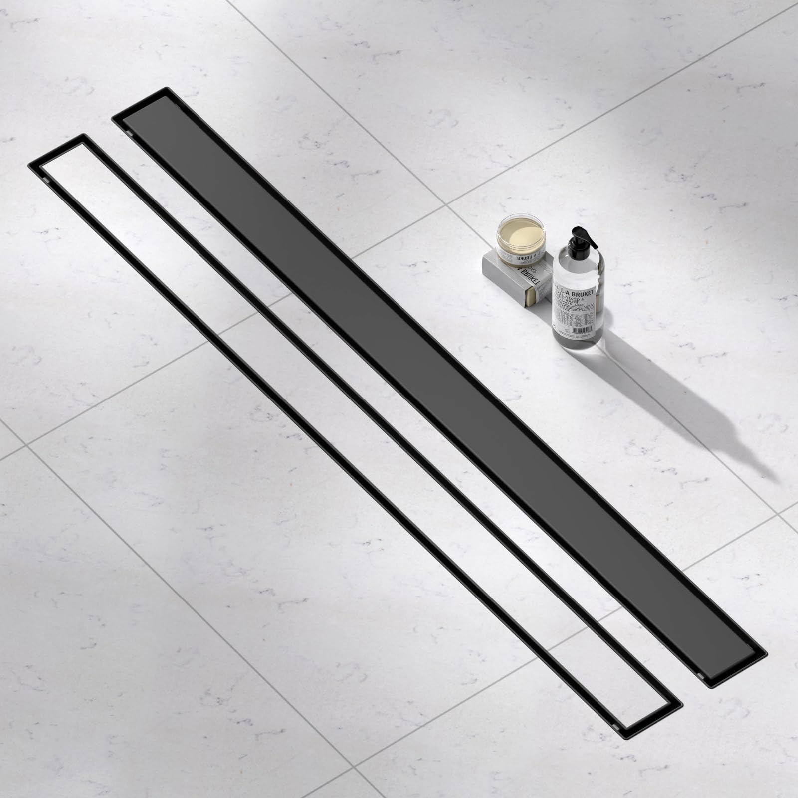 Linear Shower Drain, 36 Inch Linear Drain with Tile Insert Grate 304 Stainless Steel Shower Drains, Rectangular Shower Floor Drain w/Leveling Feet, Hair Trap for Bathroom and Balcony Matte Black