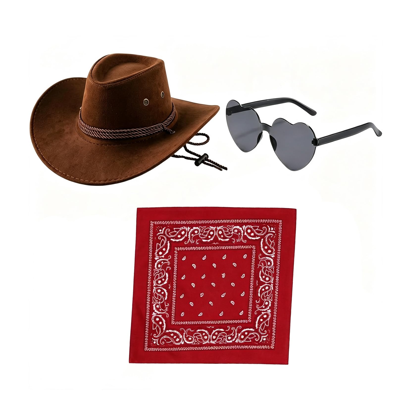 GYTFOG Brown Cowboy Hat Set, Cowboy Hat Women, 3-Piece Cowboy Accessories