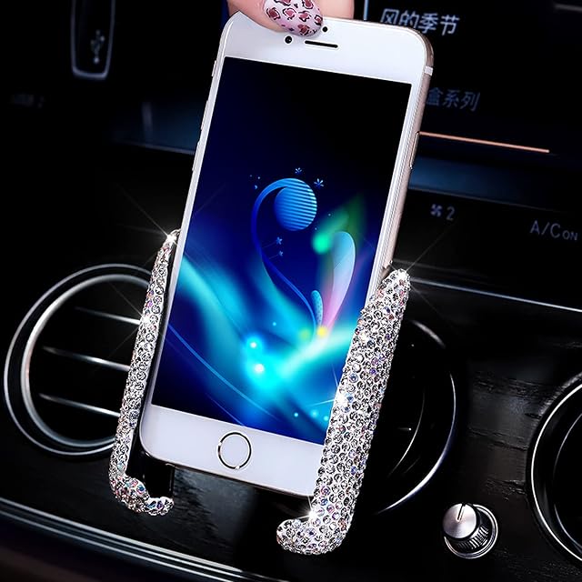 YoMaris Bling Car Phone Holder, Mini Car Dash Air Vent Automatic Phone Holder, Universal 360°Adjustable Crystal Auto Car Stand Phone Holder Car Accessories for Women and Girls. (White)