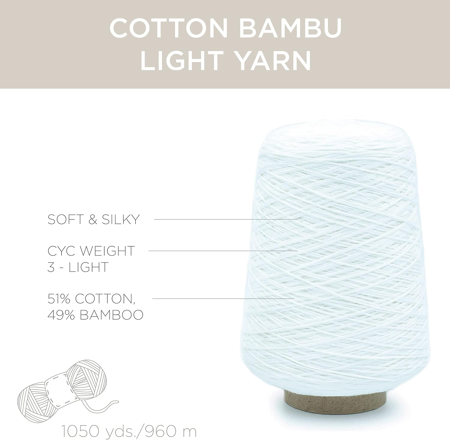 Silk City Fibers, Cotton Bambu Blended Yarn for Machine Knitting, Weaving and Crochet, Bleach, 1 Cone, Designer Yarn for Premium Garments, Soft Shawls, and DK Weight Projects