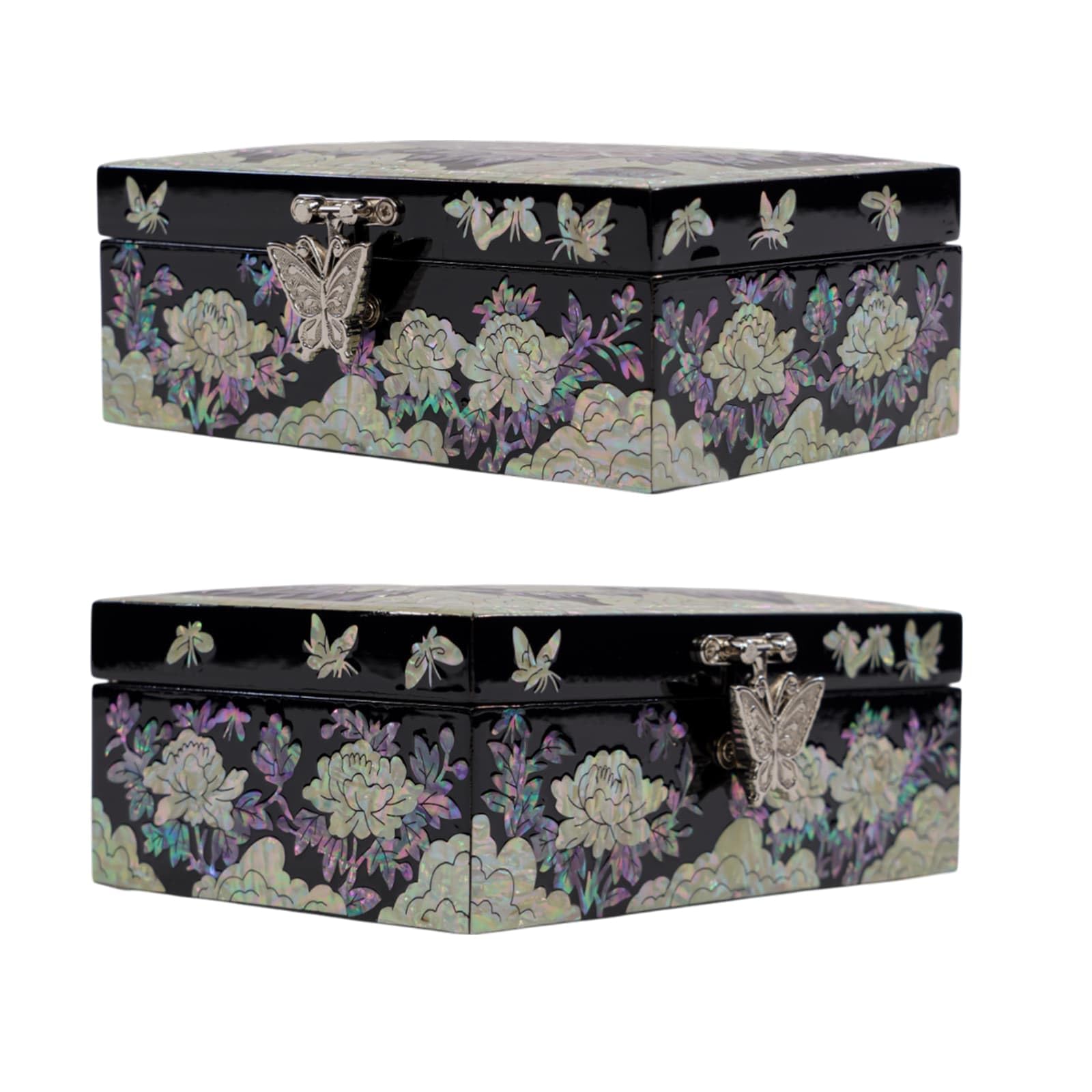 February Mountain Scatola dei ricordi coreana in madreperla con specchio, intarsio floreale e farfalla, scatola dei ricordi fatta a mano, laccata nera, regalo per donne, compleanno, anniversario