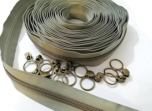 Miniatura 2 de Cremalleras de bobina de nailon #5  Cinta VOC DIY de 10 yardas con dientes metálicos de latón antiguo y 20 deslizadores para manualidades de costura