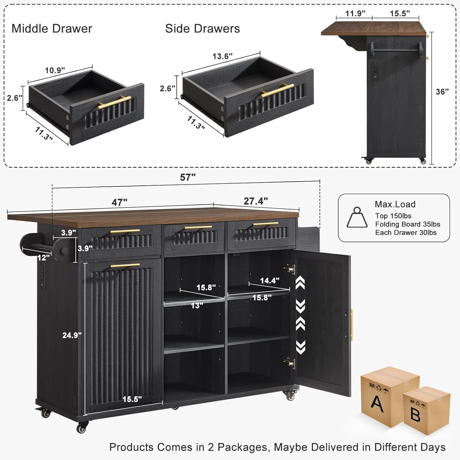 57" Kitchen Island with Storage — Kitchen Rolling Island with Trash Can Storage Cabinet, Power Outlet & Drop Leaf, Large Mobile Island Cart on Wheels with Spice & Towel Rack, Knife Holder (Black)