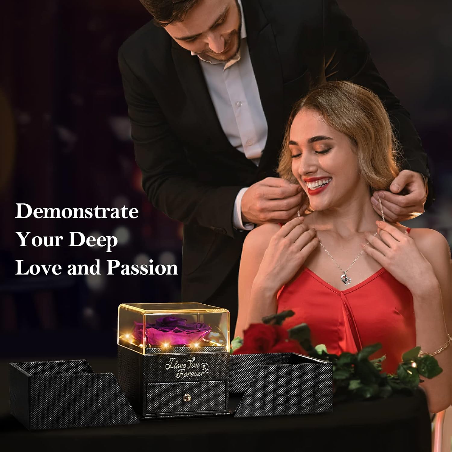 Emibele Preserved Rose Gifts for Women, Eternal Flower Rose Box with Heart Necklace, Romantic I Love You Gifts for Her Women Wife Mom Grandma on Valentines Mothers Day Birthday Anniversary - Image 4