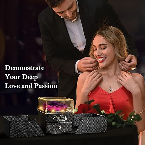 Miniatura 5 de Emibele Rosa púrpura real preservada con collar de plata de ley S925 y pulsera con dije de corazón