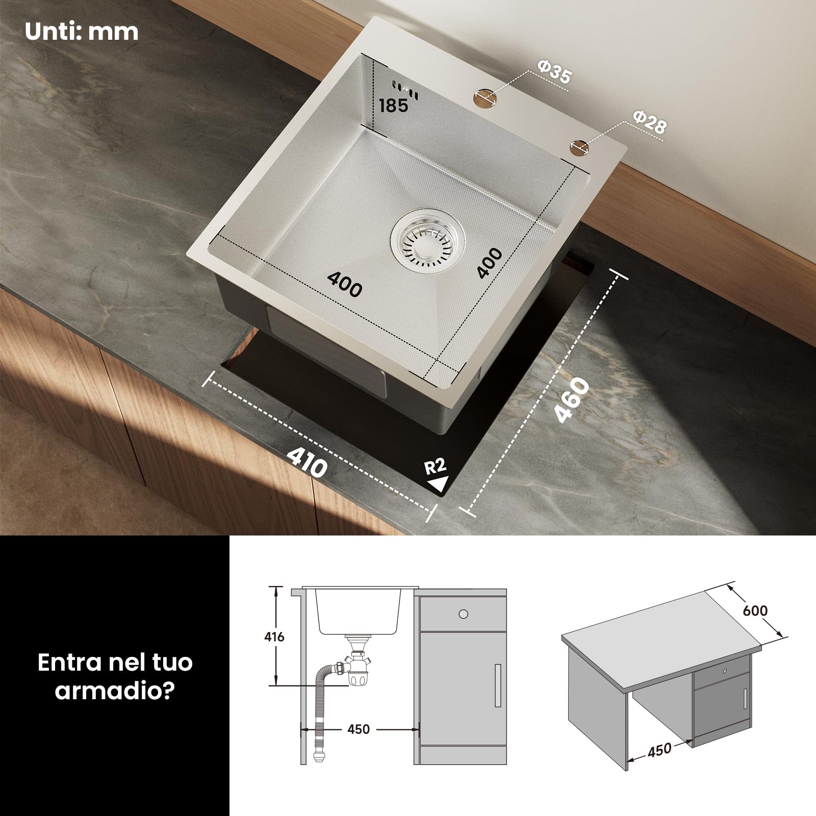 CECIPA 44x49 cm Lavello Cucina 1 Vasca in Acciaio Inox con Foro, Lavandino Cucina 1 Vasca per Mobile da 45cm, Lavello da Incasso o Banco con Sifone e Scarico