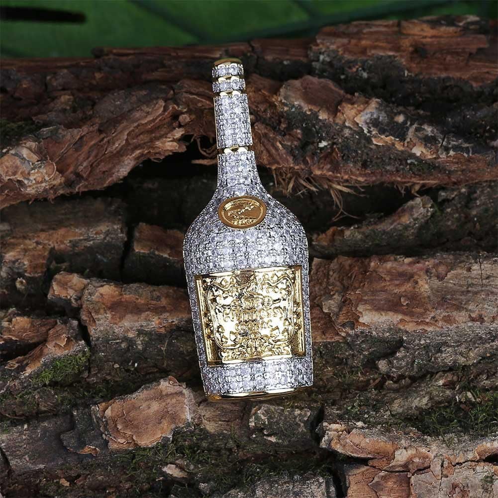 14K Iced Out Necklace for Men - Whiskey Bottle Pendant Whiskey Bottle Hip Hop Pendant - Copper Micro Inlaid Zircon with 24in Rope Chain
