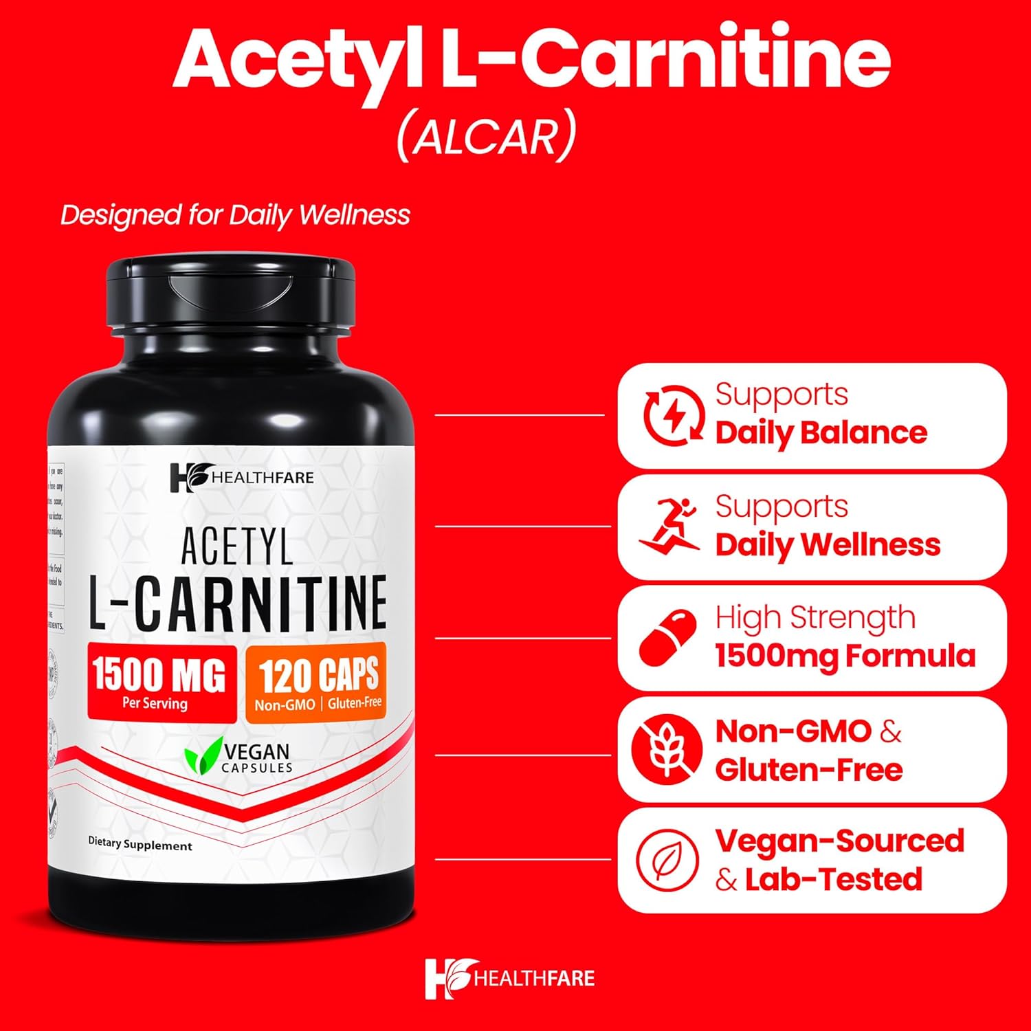 Healthfare L Carnitine Capsules 1500mg | High Potency (ALCAR) Supplement | 120 Acetyl L-Carnitine Vegetarian Pills | Energy & Wellness Support | Non-GMO, Gluten-Free | Made in USA - Image 2