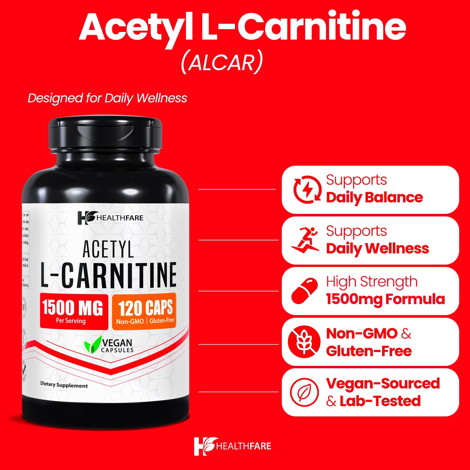Healthfare Acetyl L-Carnitine 1500mg (ALCAR) | 120 High Potency Vegetarian Capsules | Brain, Focus & Memory Support Supplement | Non-GMO, Gluten-Free, Made in USA — Amazon image 2