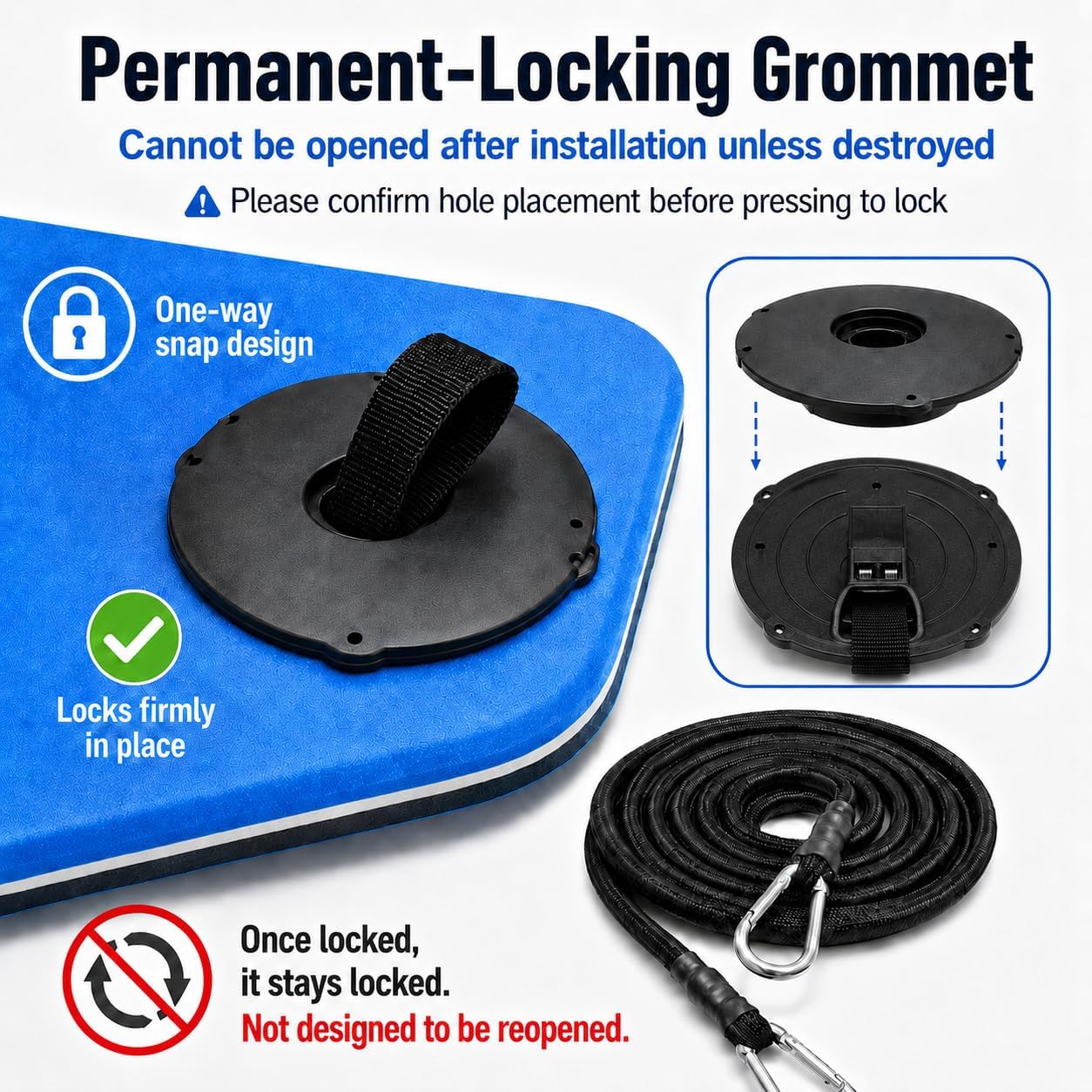 Floating Water Mat Tether Kit with 118 Inch Bungee Cord & Snap Grommet Set, Foam Water Pad Anchor Strap with Metal Snap Hooks for Lake, Pool, Dock, Boat & Lily Pad Mats