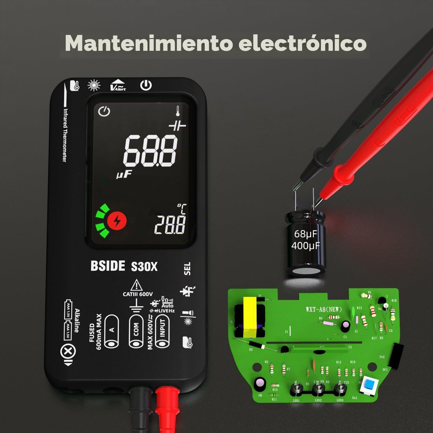 BSIDE Multímetro Digital Inteligente con Termómetro IR 12:1 Probador de Diodos Alta Tension 9999 Cuentas Medidor de Corriente Eléctrica Polímetro de Doble Alimentación para HVAC LED Coche Electrónica
