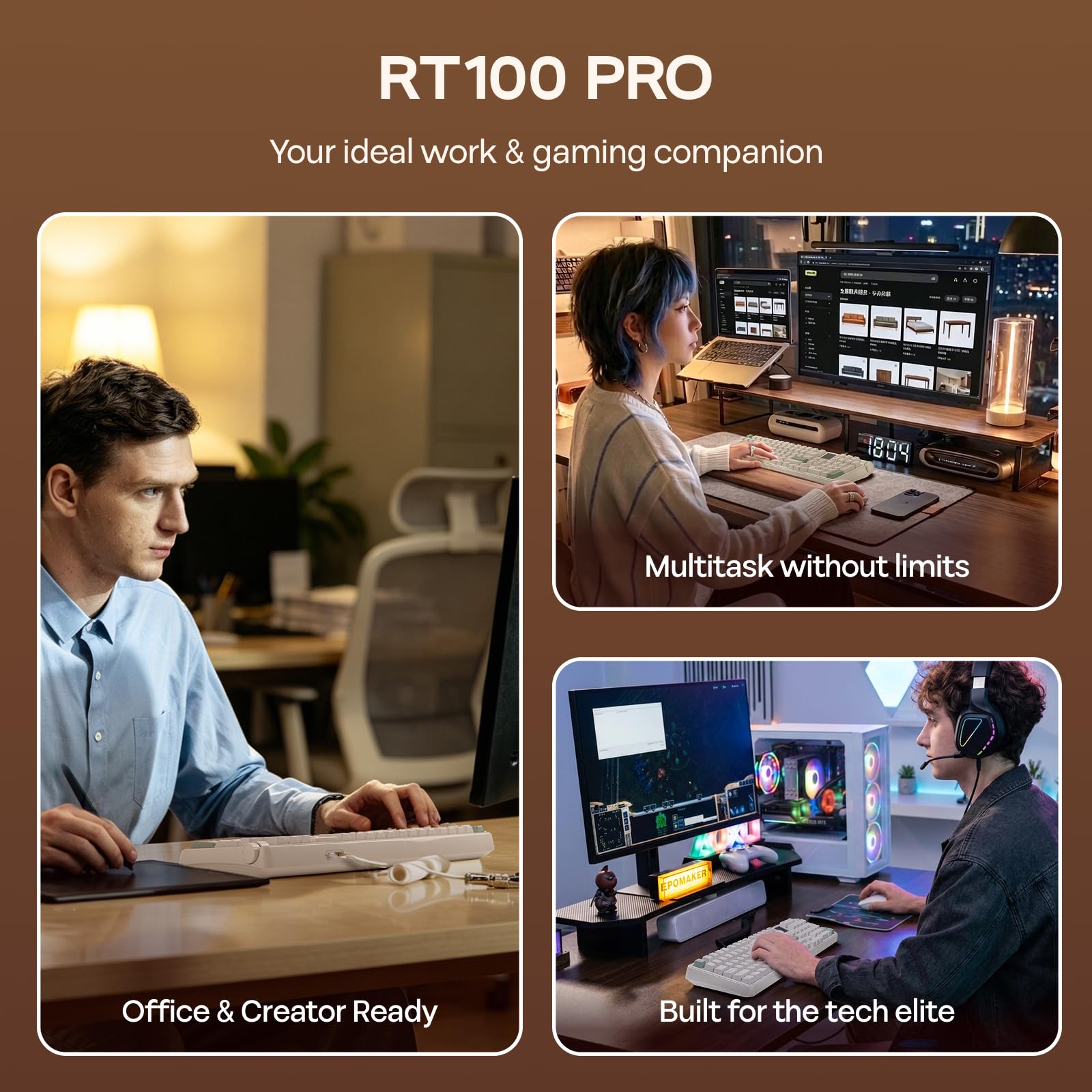 EPOMAKER RT100 PRO trójtrybowa klawiatura mechaniczna, ekran 1,54", Hot-Swap, klawisze PBT Mac, Thocky Gasket, niestandardowy sterownik, RGB, bezprzewodowa klawiatura do gier BT/2,4G (biała, kremowa