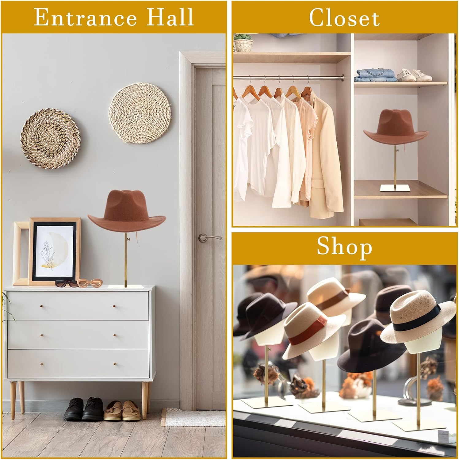 Sintuff 2 Pcs Hat Display Stand 7.9-15.7 Inch Adjustable Hat Holder Sturdy Wigs Head Stand Anti-rust Non-slip Stable Stainless Steel Metal Hat Rack for Multiple Hats Storage Wig (Gold,Square Base)